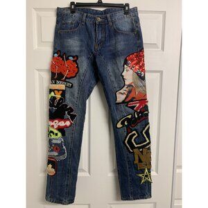Blue High Rise Jeans with Artistic Graphics